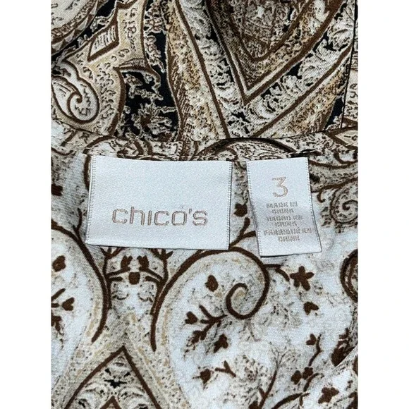 Chicos Women Brown Cream Paisley Tassel Tie Split Neck Blouse Top Size (3) XL - Picture 7 of 9